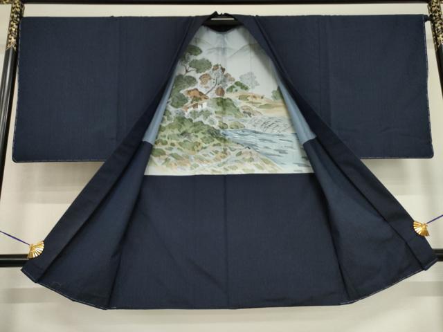 平和屋着物●男性　本場大島紬　薩摩結城　アンサンブル　長襦袢(袷)セット　色無地　藍鉄色　証紙付き　正絹　逸品　AABJ3124ck