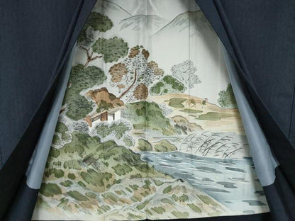 平和屋着物●男性　本場大島紬　薩摩結城　アンサンブル　長襦袢(袷)セット　色無地　藍鉄色　証紙付き　正絹　逸品　AABJ3124ck