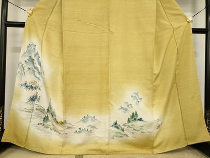 平和屋着物●豪華色留袖　紬地　手描き　渡り橋風景文　暈し染め　金彩　正絹　逸品　AABJ3129ck