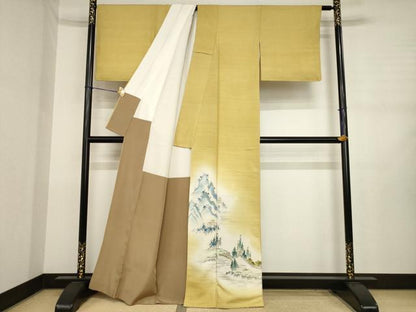 平和屋着物●豪華色留袖　紬地　手描き　渡り橋風景文　暈し染め　金彩　正絹　逸品　AABJ3129ck