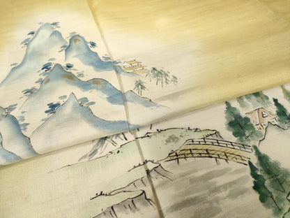 平和屋着物●豪華色留袖　紬地　手描き　渡り橋風景文　暈し染め　金彩　正絹　逸品　AABJ3129ck