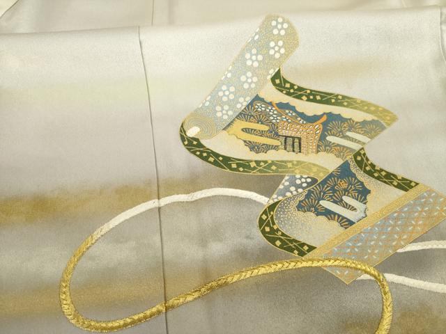 平和屋着物●人間国宝　福田喜三郎　訪問着　刺繍　絵巻文　暈し染め　金彩　正絹　逸品　AABJ3142ck