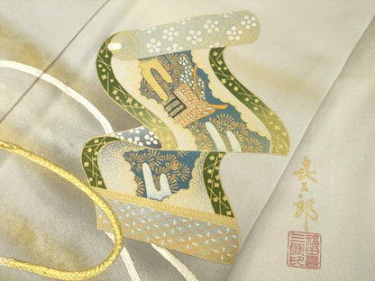 平和屋着物●人間国宝　福田喜三郎　訪問着　刺繍　絵巻文　暈し染め　金彩　正絹　逸品　AABJ3142ck