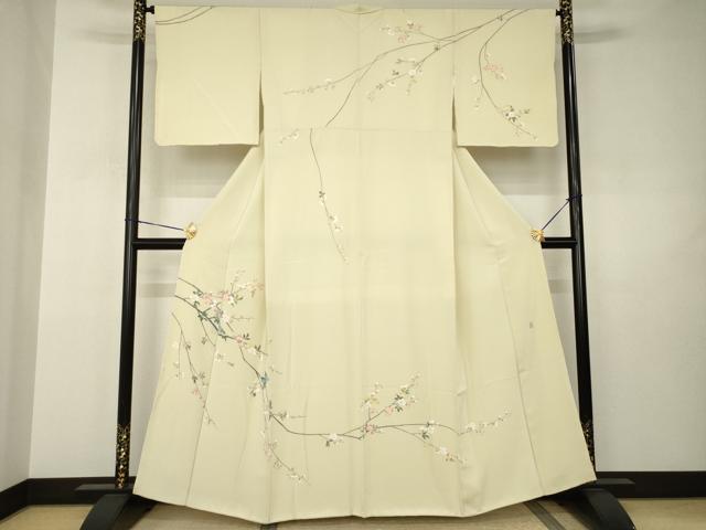 平和屋着物●訪問着　友禅　作家物　枝花文　鳥の子色地　正絹　逸品　AABJ3143ck