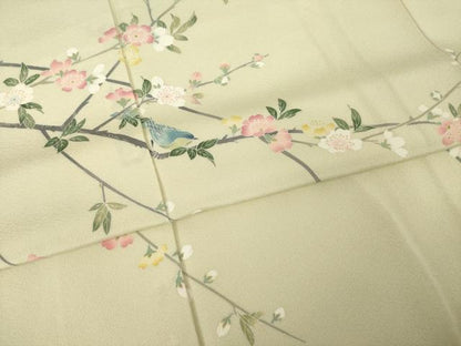 平和屋着物●訪問着　友禅　作家物　枝花文　鳥の子色地　正絹　逸品　AABJ3143ck