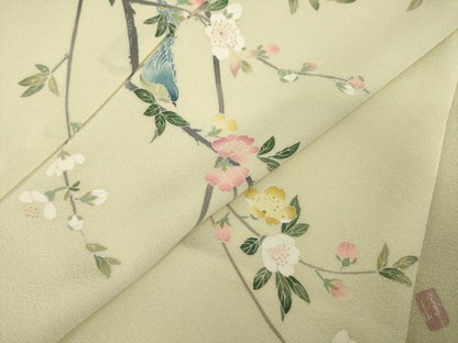 平和屋着物●訪問着　友禅　作家物　枝花文　鳥の子色地　正絹　逸品　AABJ3143ck