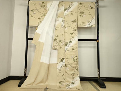 平和屋着物●世界的友禅作家　千地泰弘　小紋　枝花文　暈し染め　金彩　ロング丈　正絹　逸品　AABJ3145ck