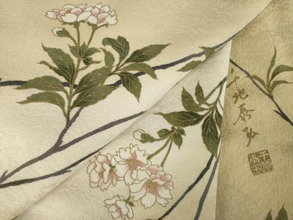平和屋着物●世界的友禅作家　千地泰弘　小紋　枝花文　暈し染め　金彩　ロング丈　正絹　逸品　AABJ3145ck