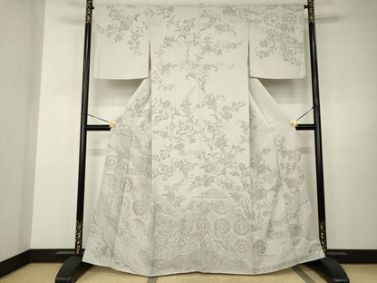 平和屋着物●中国三大刺繍　スワトウ刺繍　汕頭刺繍　お召　訪問着　道長更紗花文　金糸　正絹　逸品　AABJ3148ck