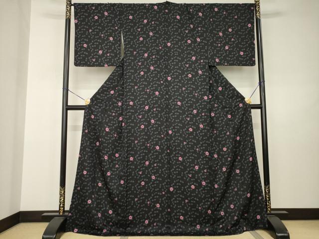 平和屋着物●上質な小紋　薔薇　黒地　ロング丈　正絹　逸品　AABJ3152ck