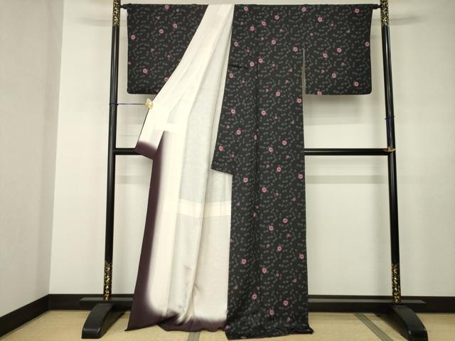 平和屋着物●上質な小紋　薔薇　黒地　ロング丈　正絹　逸品　AABJ3152ck