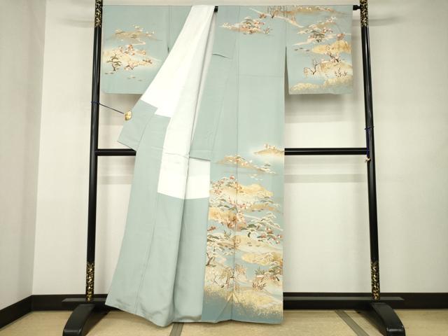 平和屋着物●訪問着　駒刺繍　遠山花文　金彩　正絹　逸品　AABJ3154ck