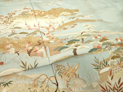 平和屋着物●訪問着　駒刺繍　遠山花文　金彩　正絹　逸品　AABJ3154ck