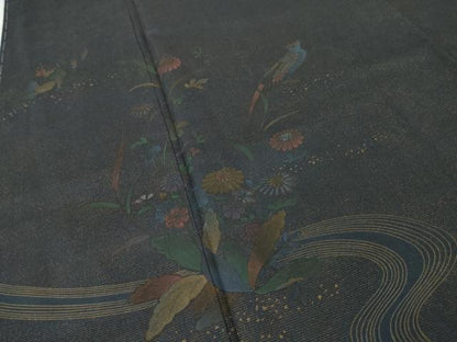 平和屋着物●本場縞大島紬　訪問着　流水花鳥文　正絹　逸品　AABJ3156ck