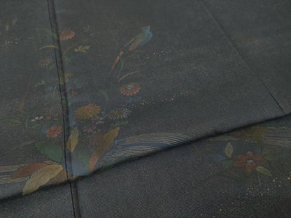 平和屋着物●本場縞大島紬　訪問着　流水花鳥文　正絹　逸品　AABJ3156ck