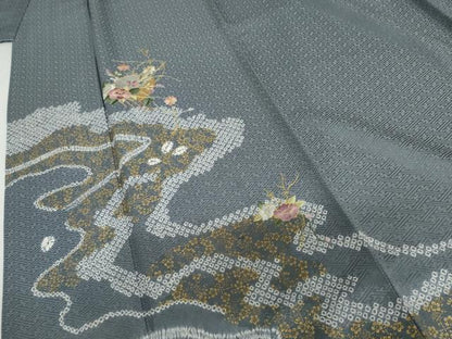 平和屋着物●訪問着　中国三大刺繍　汕頭刺繍　スワトウ刺繍　駒刺繍　絞り　雪輪草花文　銀糸　金彩　正絹　逸品　AABJ3164cs