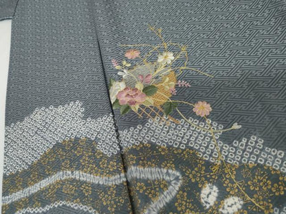 平和屋着物●訪問着　中国三大刺繍　汕頭刺繍　スワトウ刺繍　駒刺繍　絞り　雪輪草花文　銀糸　金彩　正絹　逸品　AABJ3164cs