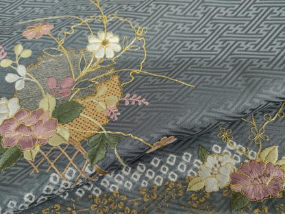 平和屋着物●訪問着　中国三大刺繍　汕頭刺繍　スワトウ刺繍　駒刺繍　絞り　雪輪草花文　銀糸　金彩　正絹　逸品　AABJ3164cs