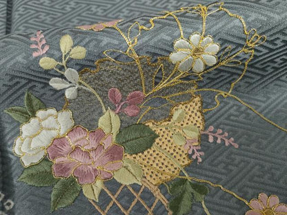 平和屋着物●訪問着　中国三大刺繍　汕頭刺繍　スワトウ刺繍　駒刺繍　絞り　雪輪草花文　銀糸　金彩　正絹　逸品　AABJ3164cs