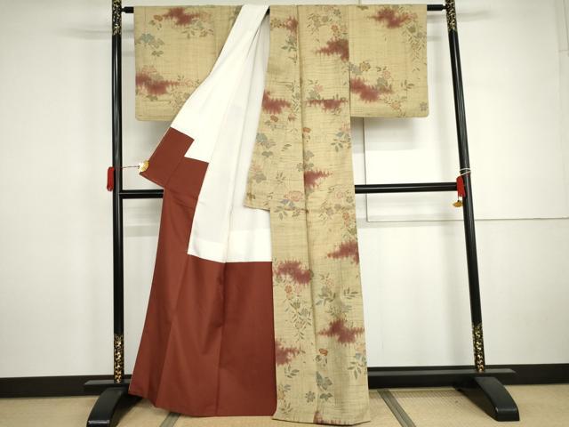 平和屋着物●染織の名門　しょうざん  生紬　枝花文　正絹　逸品　AABJ3172cs