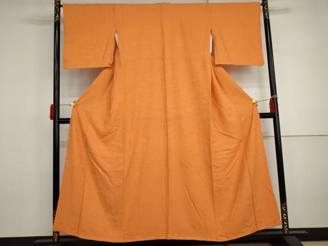 平和屋着物●上質な色無地　枝花地紋　黄茶色　正絹　逸品　AABJ3173cs