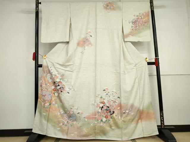 平和屋着物●訪問着　駒刺繍　枝花文　暈し染め　金彩　正絹　逸品　AABJ3178cs