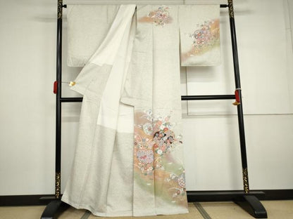 平和屋着物●訪問着　駒刺繍　枝花文　暈し染め　金彩　正絹　逸品　AABJ3178cs