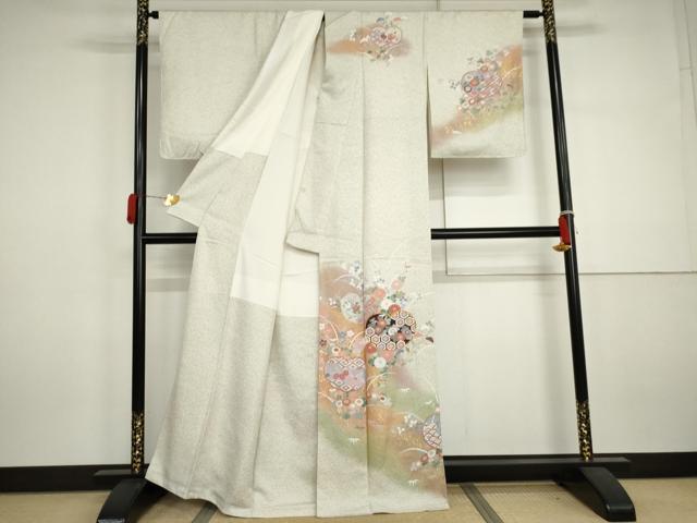 平和屋着物●訪問着　駒刺繍　枝花文　暈し染め　金彩　正絹　逸品　AABJ3178cs