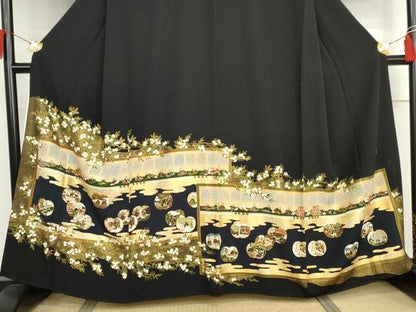 平和屋着物●松尾光琳　黒留袖　駒刺繍　橘三十六歌仙図　金彩　正絹　逸品　AABJ3182cs