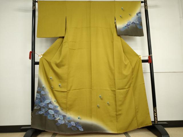 平和屋着物●訪問着　手描き　落ち葉に水玉　暈し染め　金銀彩　正絹　逸品　未使用　AABJ3186cs