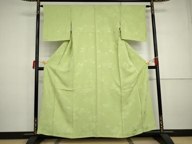 平和屋着物●上質な色無地　枝葉地紋　柳色　正絹　逸品　未使用　AABJ3187cs