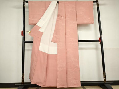 平和屋着物●上質な色無地　風景地紋　珊瑚色　正絹　逸品　AABJ3192cs