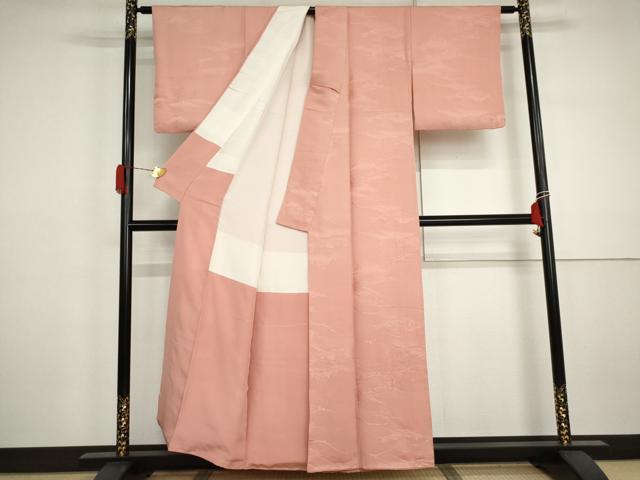 平和屋着物●上質な色無地　風景地紋　珊瑚色　正絹　逸品　AABJ3192cs