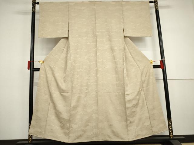 平和屋着物●上質な色無地　雲重ね地紋　白橡色　正絹　逸品　AABJ3194cs