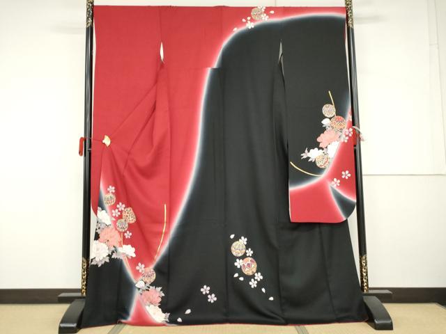 平和屋着物●豪華振袖　駒刺繍　花桐文　暈し染め　黒地　金彩　京都きもの友禅扱い　正絹　逸品　AABJ3211cs