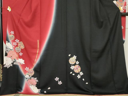 平和屋着物●豪華振袖　駒刺繍　花桐文　暈し染め　黒地　金彩　京都きもの友禅扱い　正絹　逸品　AABJ3211cs