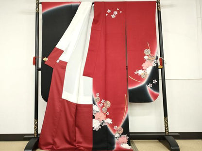 平和屋着物●豪華振袖　駒刺繍　花桐文　暈し染め　黒地　金彩　京都きもの友禅扱い　正絹　逸品　AABJ3211cs