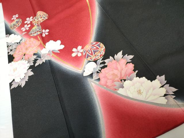 平和屋着物●豪華振袖　駒刺繍　花桐文　暈し染め　黒地　金彩　京都きもの友禅扱い　正絹　逸品　AABJ3211cs