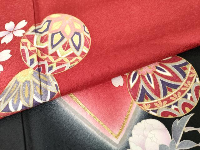 平和屋着物●豪華振袖　駒刺繍　花桐文　暈し染め　黒地　金彩　京都きもの友禅扱い　正絹　逸品　AABJ3211cs