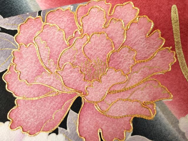 平和屋着物●豪華振袖　駒刺繍　花桐文　暈し染め　黒地　金彩　京都きもの友禅扱い　正絹　逸品　AABJ3211cs