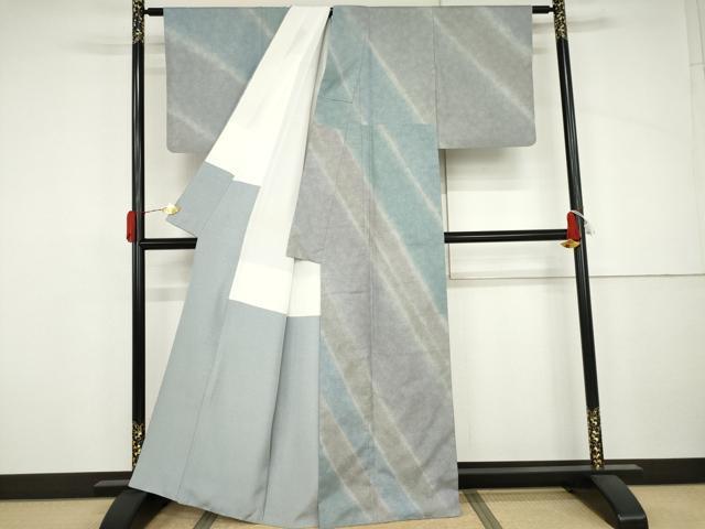 平和屋着物●石川県指定無形文化財　牛首紬　白山工房　手織り　訪問着　斜縞　正絹　逸品　AABJ3212cs