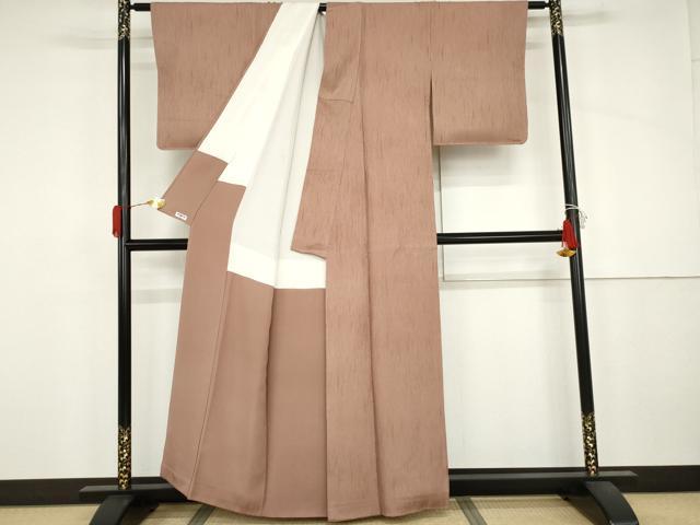 平和屋着物●上質な色無地　縞地紋　梅染色　正絹　逸品　AABJ3216cs