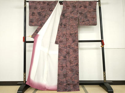 平和屋着物●人間国宝・南部芳松の息子 伝統工芸伝承者彫刻・南部幸雄 型染 小紋 人物風景文 鬼しぼ縮緬 正絹 逸品 未使用 AABJ3222cs