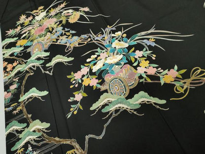 平和屋着物●豪華黒留袖　友禅　作家物　花車文　正絹　逸品　AABJ3224cs