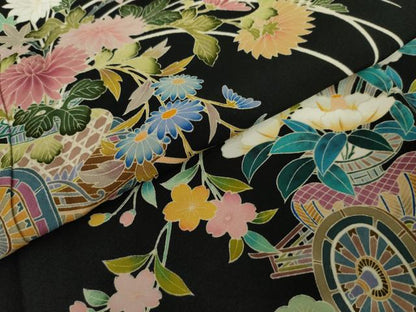 平和屋着物●豪華黒留袖　友禅　作家物　花車文　正絹　逸品　AABJ3224cs