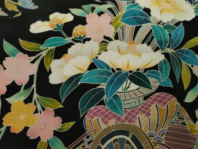 平和屋着物●豪華黒留袖　友禅　作家物　花車文　正絹　逸品　AABJ3224cs