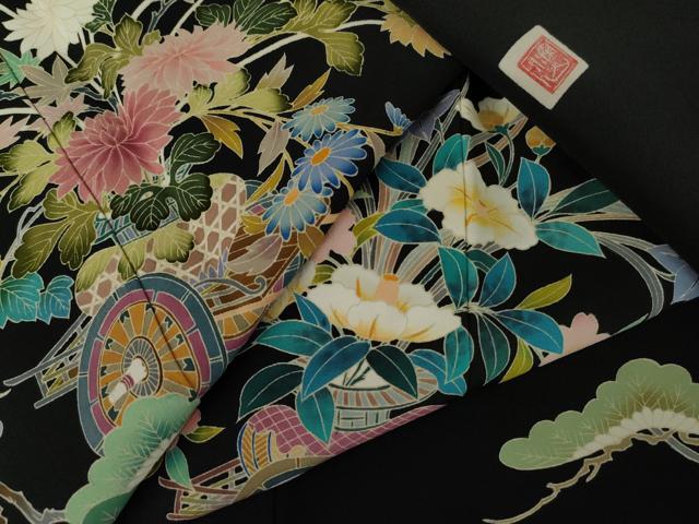 平和屋着物●豪華黒留袖　友禅　作家物　花車文　正絹　逸品　AABJ3224cs