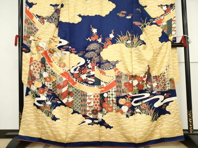 平和屋着物●豪華振袖　駒刺繍　雲取り松竹梅文　金彩　正絹　逸品　AABJ3229cs
