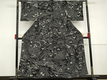 平和屋着物●訪問着　総絞り　松竹梅風景文　黒地　正絹　逸品　AABJ3231cs