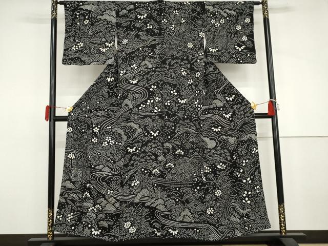 平和屋着物●訪問着　総絞り　松竹梅風景文　黒地　正絹　逸品　AABJ3231cs